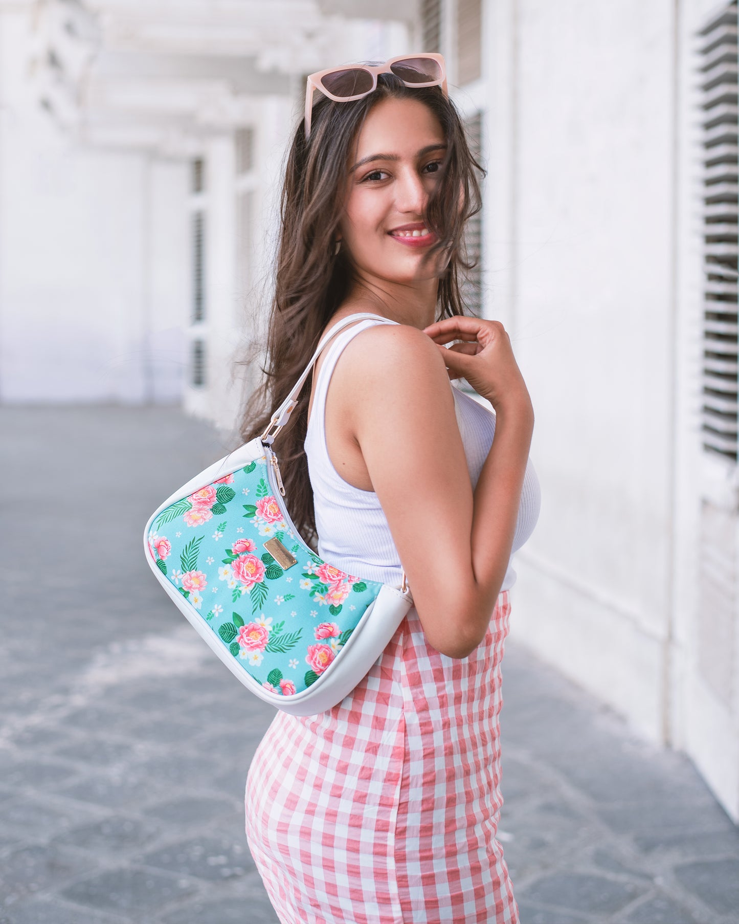 Peonies and Plumeria White and Blue Baguette Bag