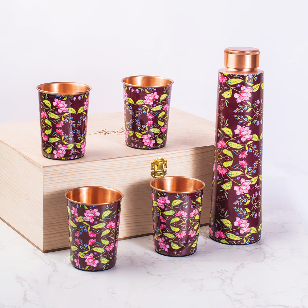 Summer Florescence Maroon Copper Bottle and Tumblers - Gift Set
