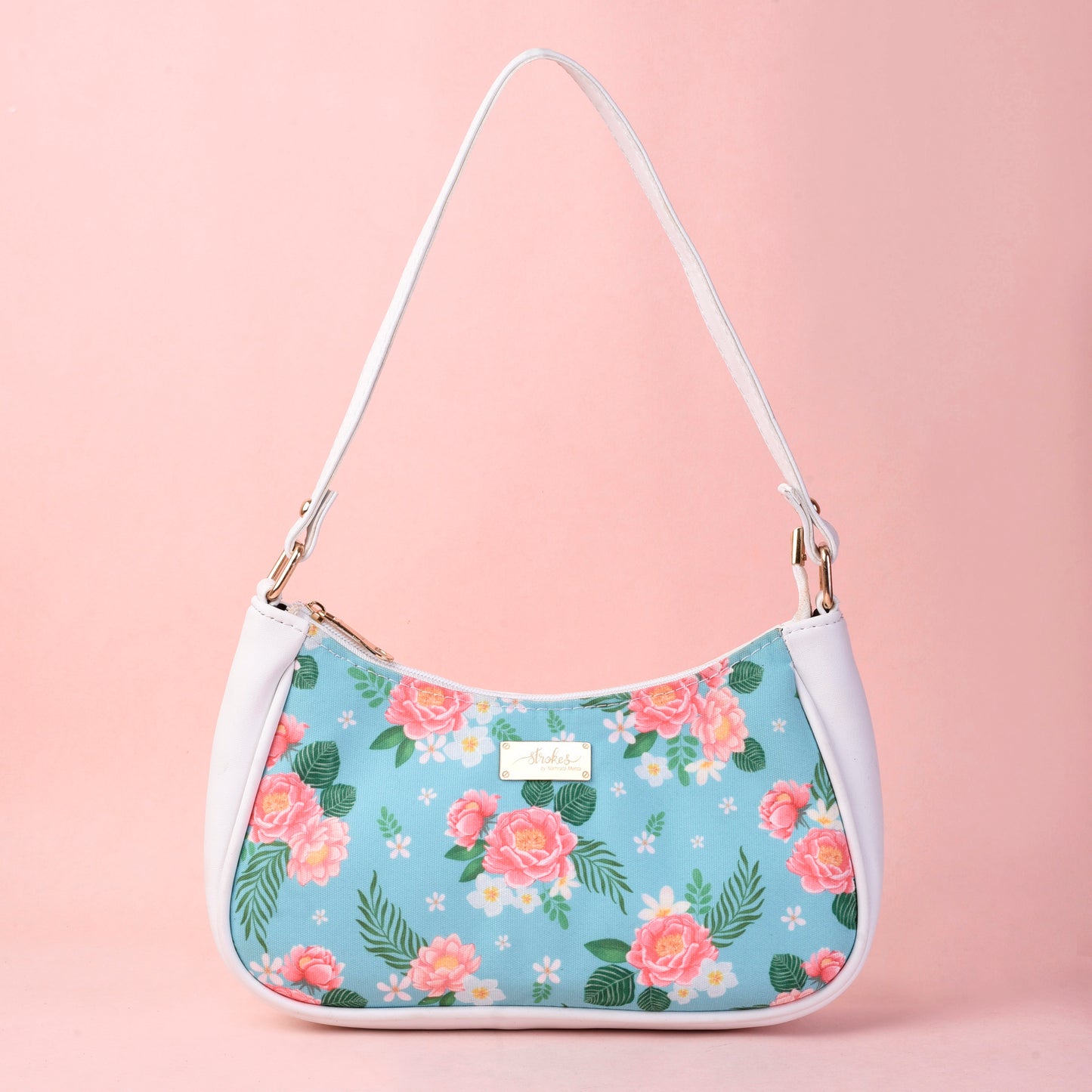 Peonies and Plumeria White and Blue Baguette Bag