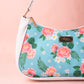 Peonies and Plumeria White and Blue Baguette Bag