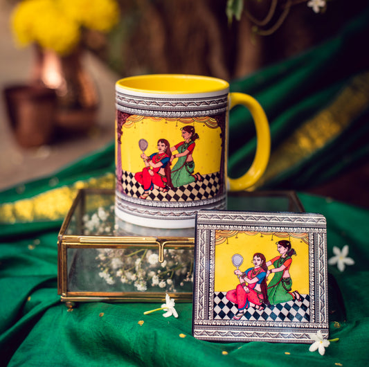 Shringaar Pattachitra Mug with Coaster - Yellow