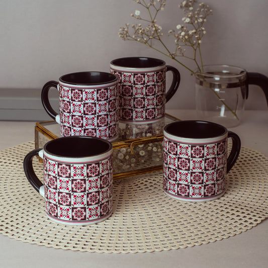 Vintage Tile Pattern Ceramic Tea cups - Set of 4 - Black and Pink