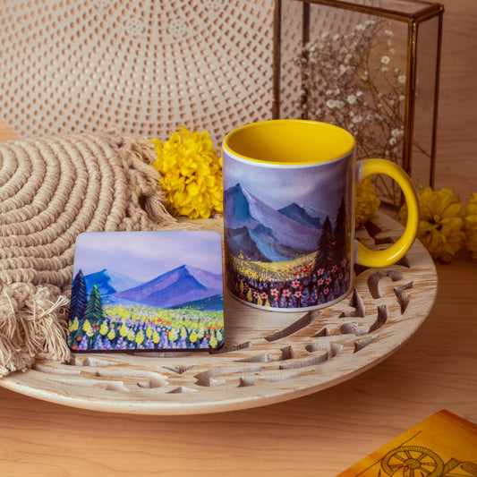 Picturesque Landscape Mug with Coaster - Yellow