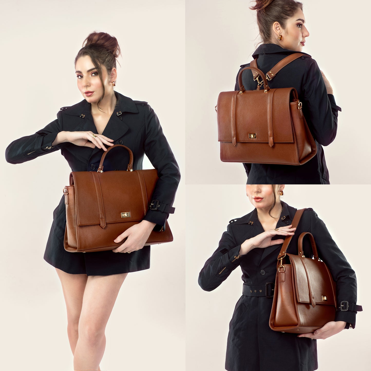 The Convertible Work Bag: Handbag, Backpack & Shoulder Tote - Mocha Elegance