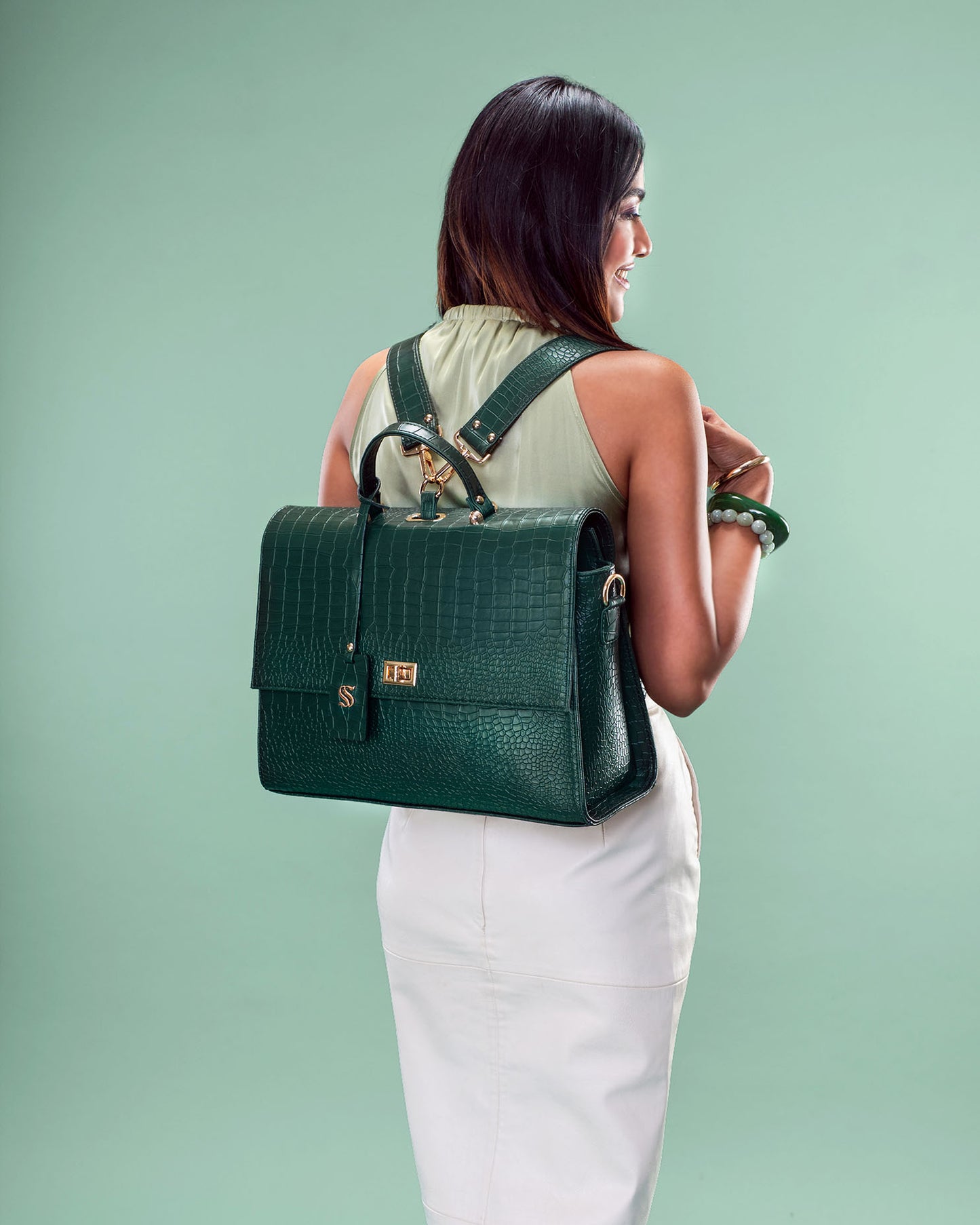 The Compact Convertible Work Bag for 14" laptops: Emerald Elegance (3 in 1 - Backpack, Crossbody/Tote & Handbag)