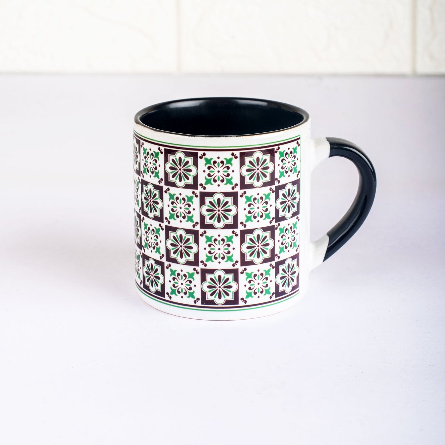 Vintage Tile Pattern Ceramic Tea cups - Set of 4 - Black and Green