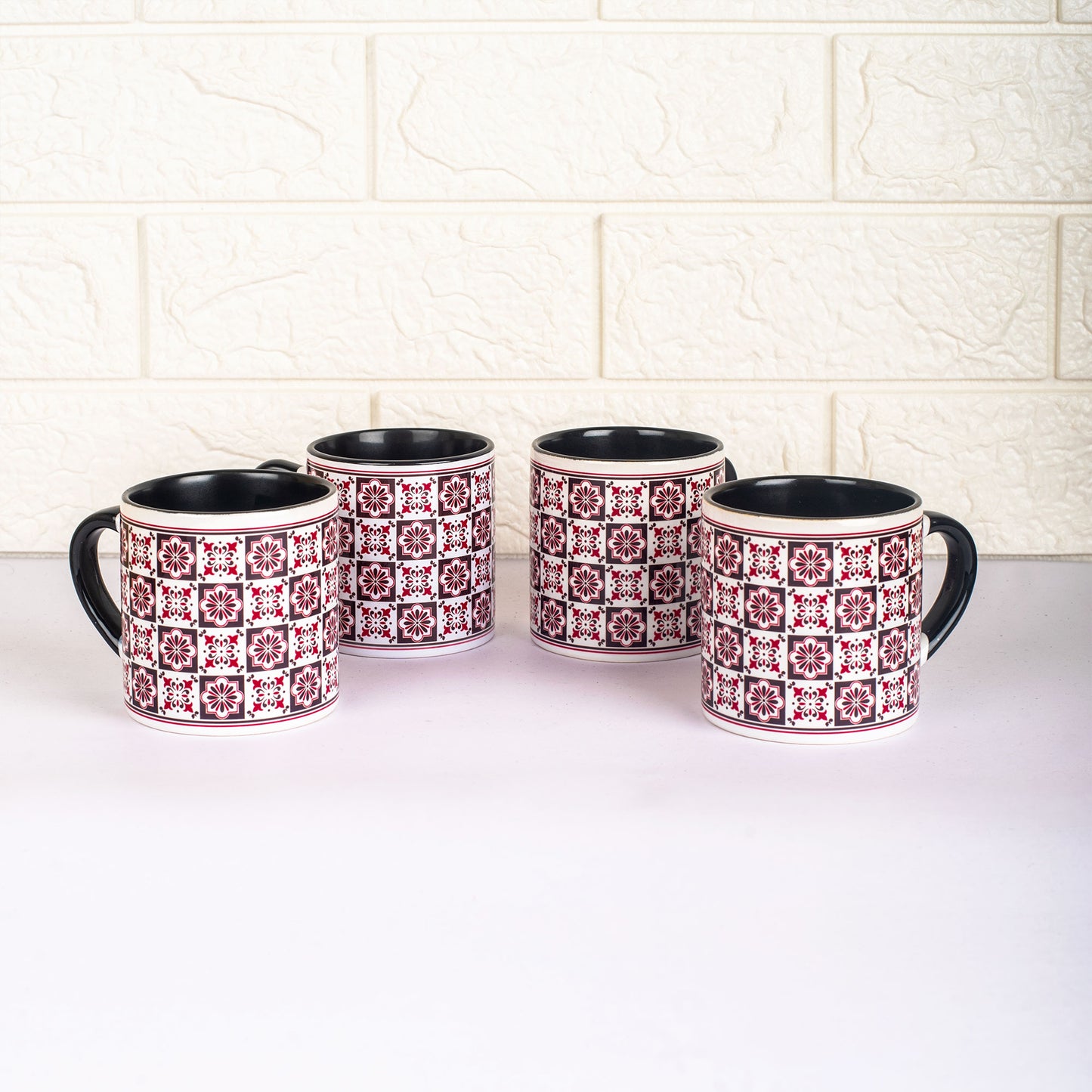 Vintage Tile Pattern Ceramic Tea cups - Set of 4 - Black and Pink