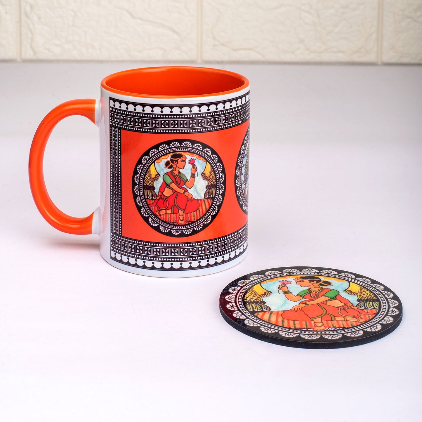 Paripatra Pattachitra Mug with Coaster - Orange