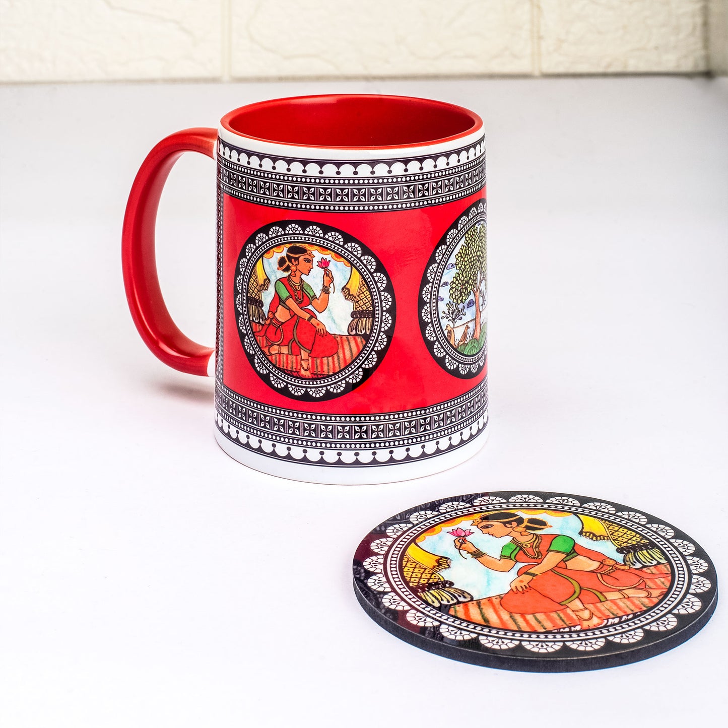 Paripatra Pattachitra Mug with Coaster - Red