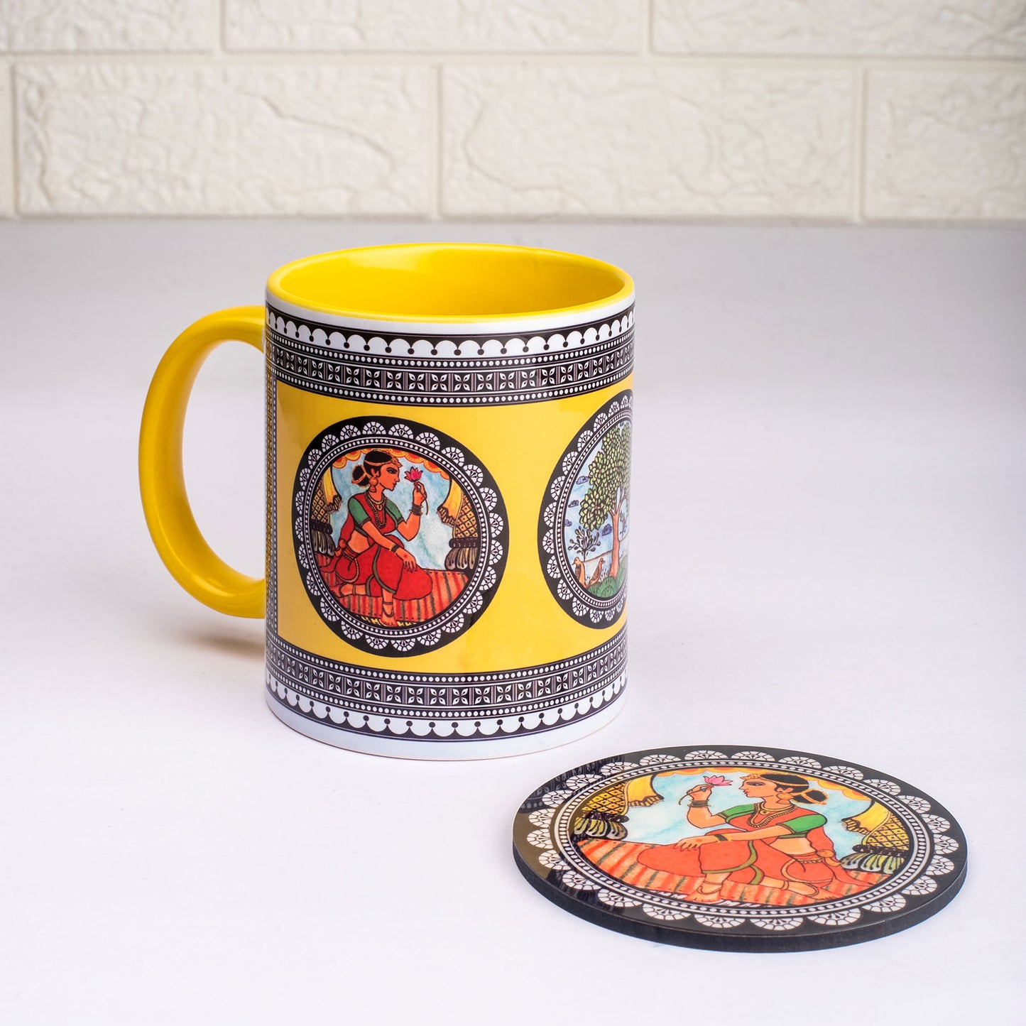 Paripatra Pattachitra Mug with Coaster - Yellow