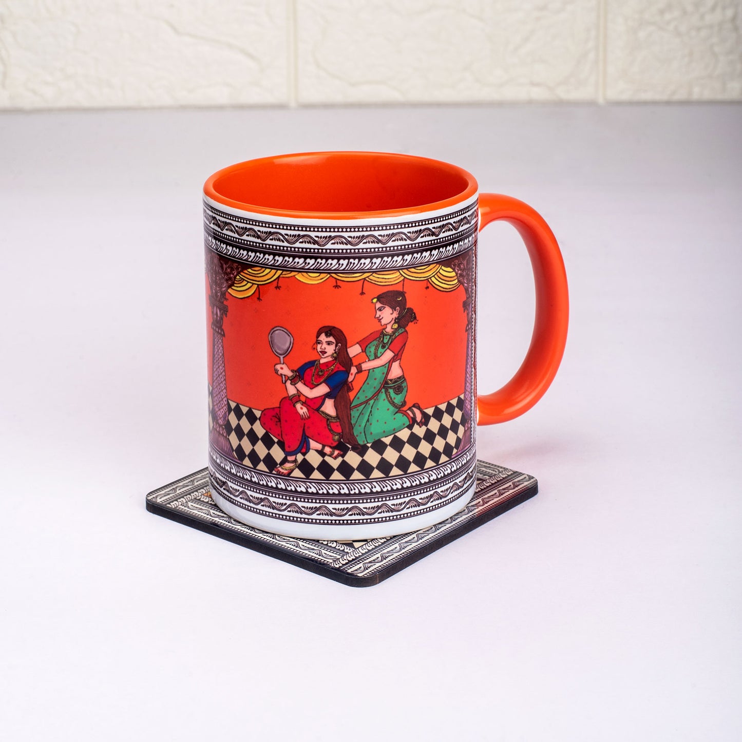 Shringaar Pattachitra Mug with Coaster - Orange