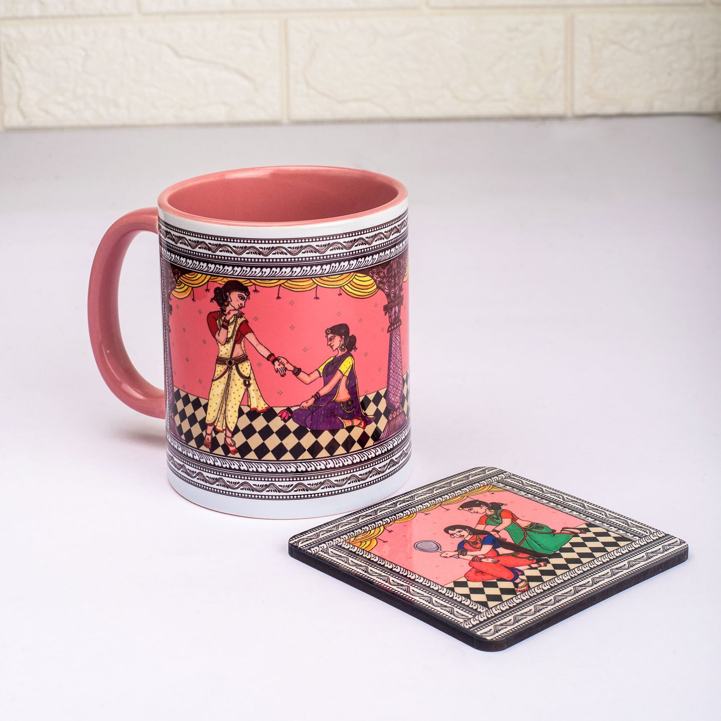 Shringaar Pattachitra Mug with Coaster - Pink