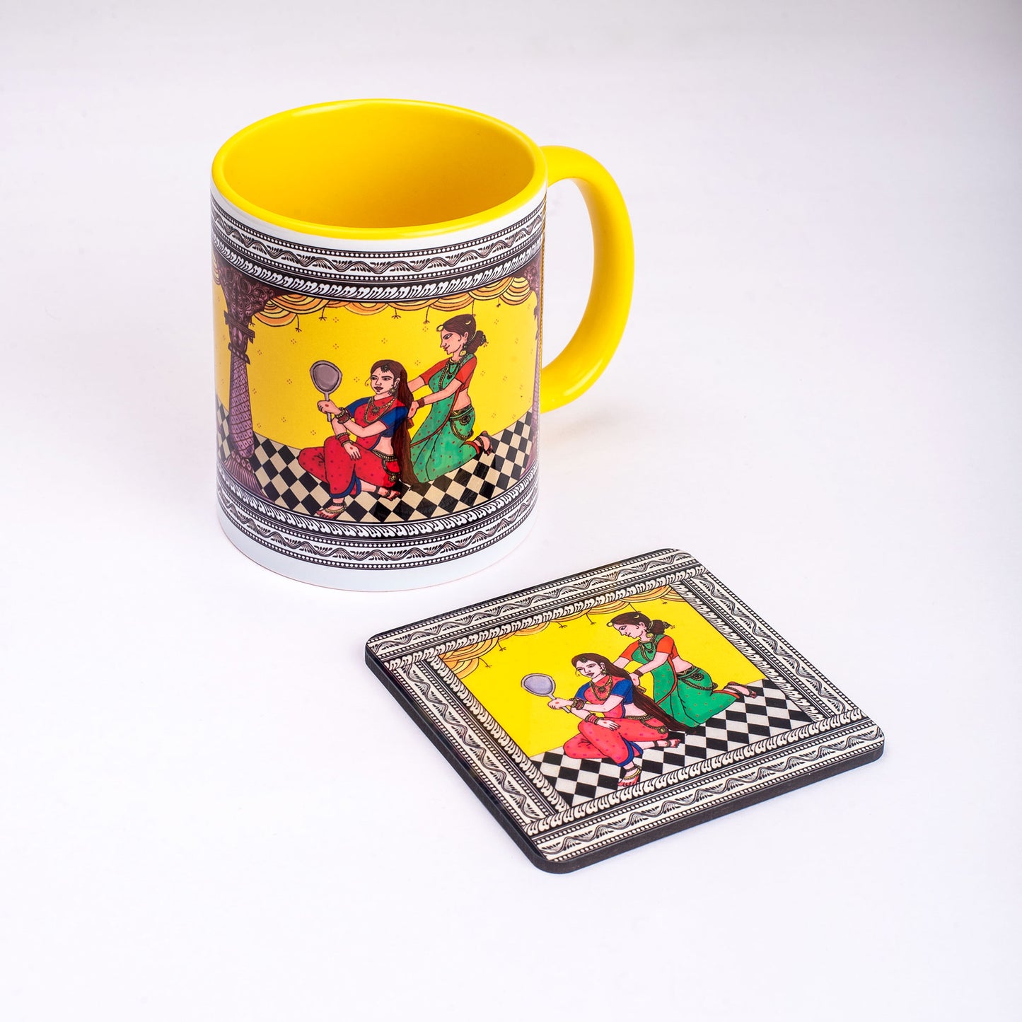 Shringaar Pattachitra Mug with Coaster - Yellow