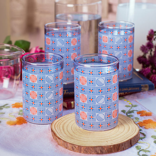 Geometric Blue and Orange Glass Tumblers - Set of 4 and 6