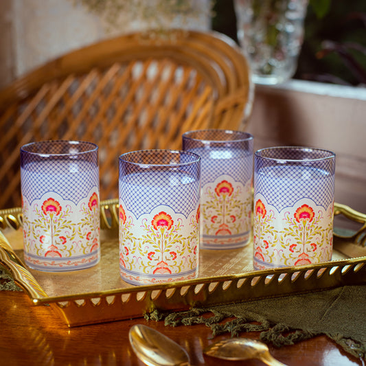Floral Jali Print Glass Tumblers - Set of 4 and 6