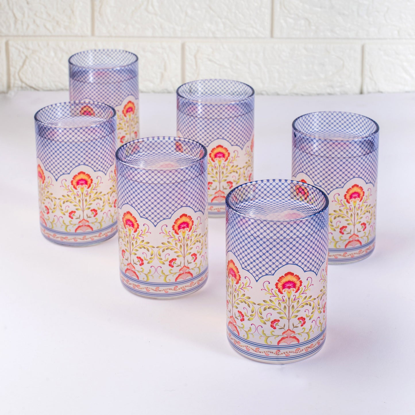 Floral Jali Print Glass Tumblers - Set of 4 and 6