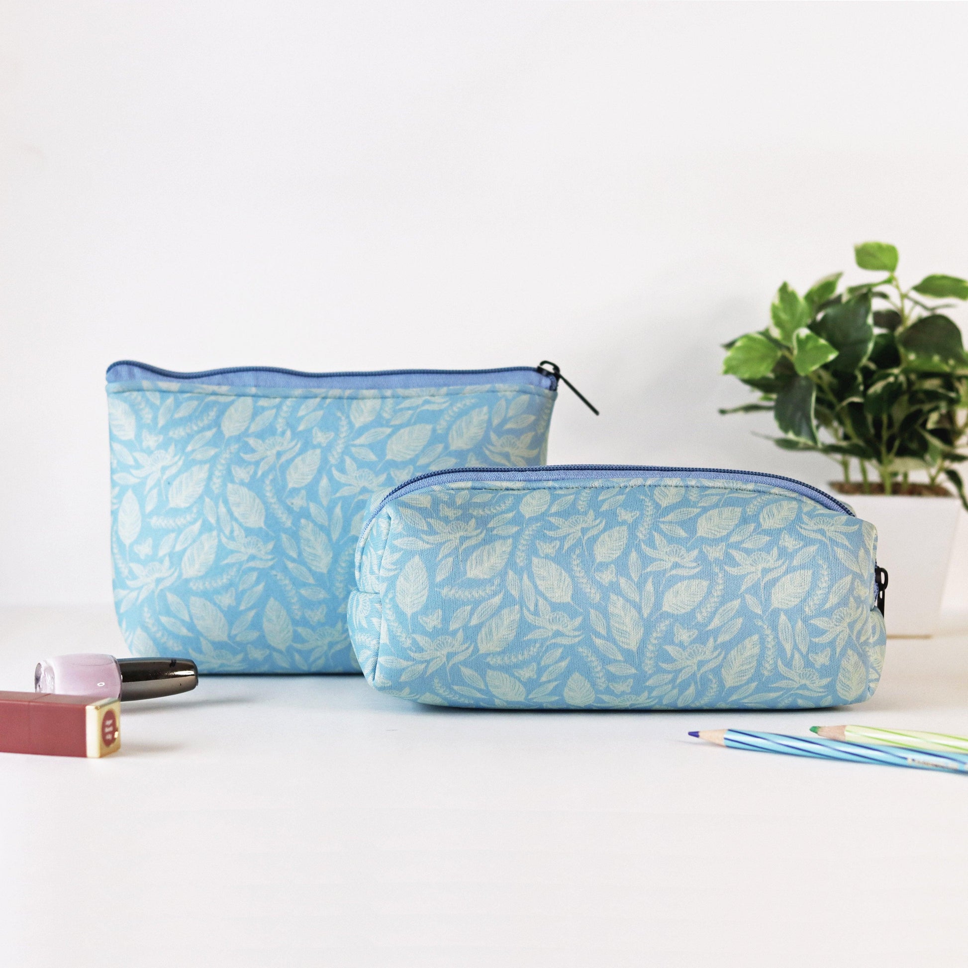 Sky Blue Blossoms Cosmetic Pouches - Set of 2 - Strokes by Namrata Mehta