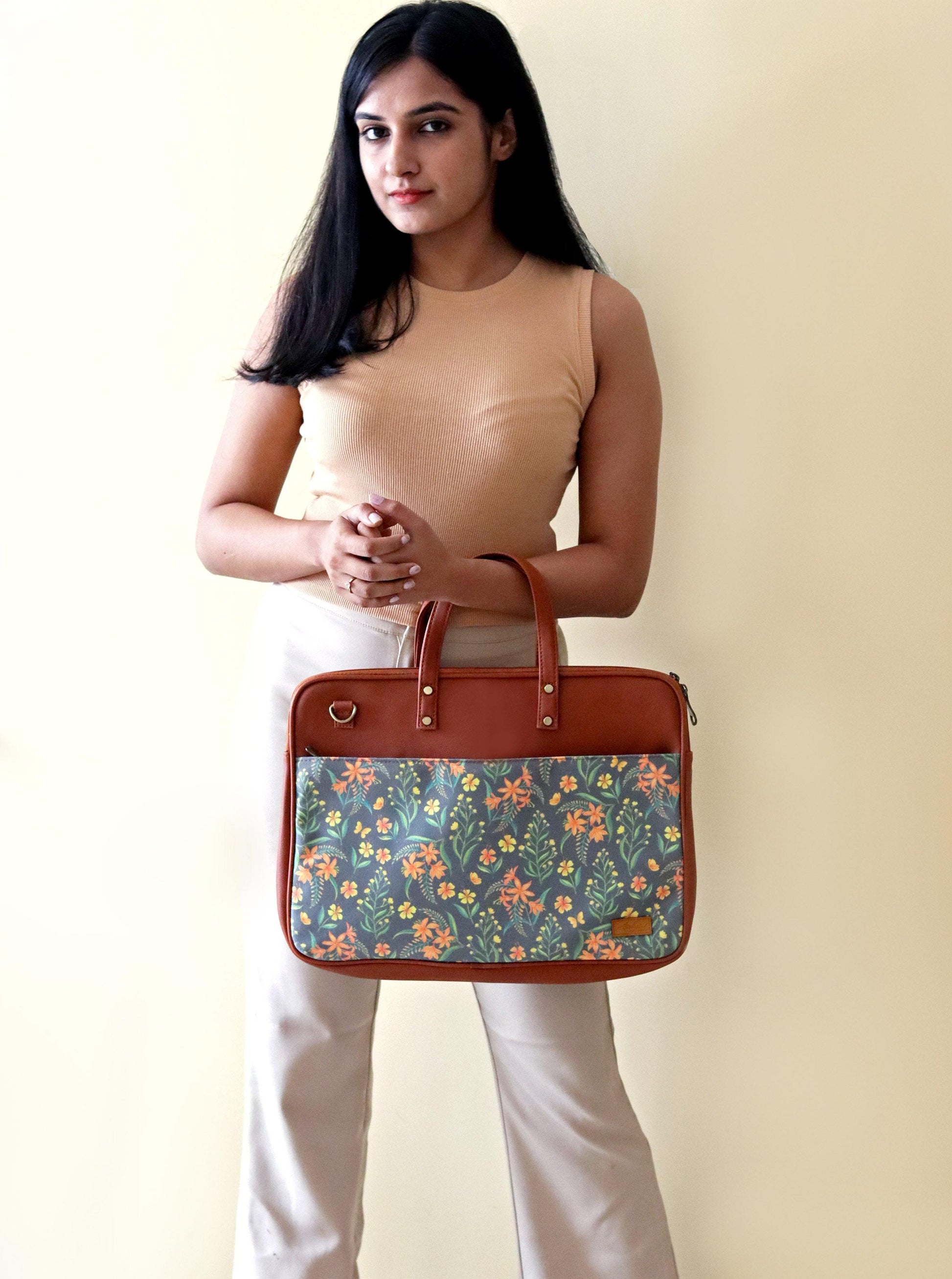 Grey Summer Blossoms Women's Compact Laptop Bag - Strokes by Namrata Mehta