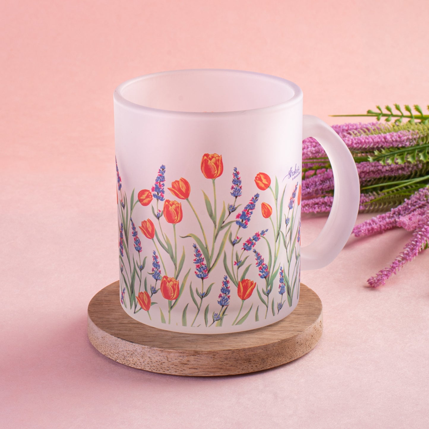 Tulips and Lavender Frosted Glass Mug