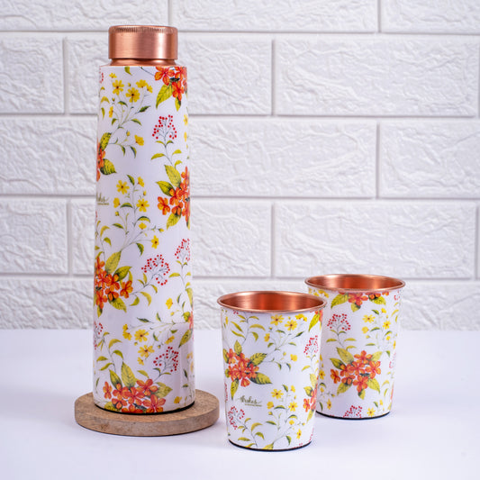 Yellow and Orange Floral Copper Bottle and Tumbler Set