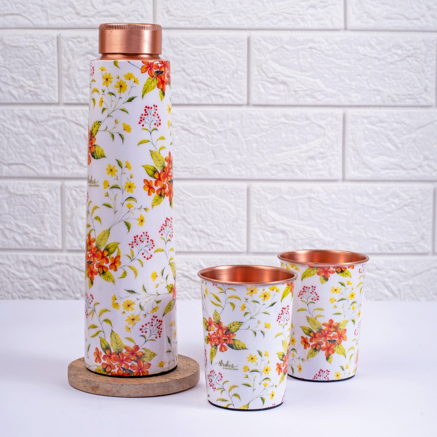 Yellow and Orange Floral Copper Bottle and Tumbler Set