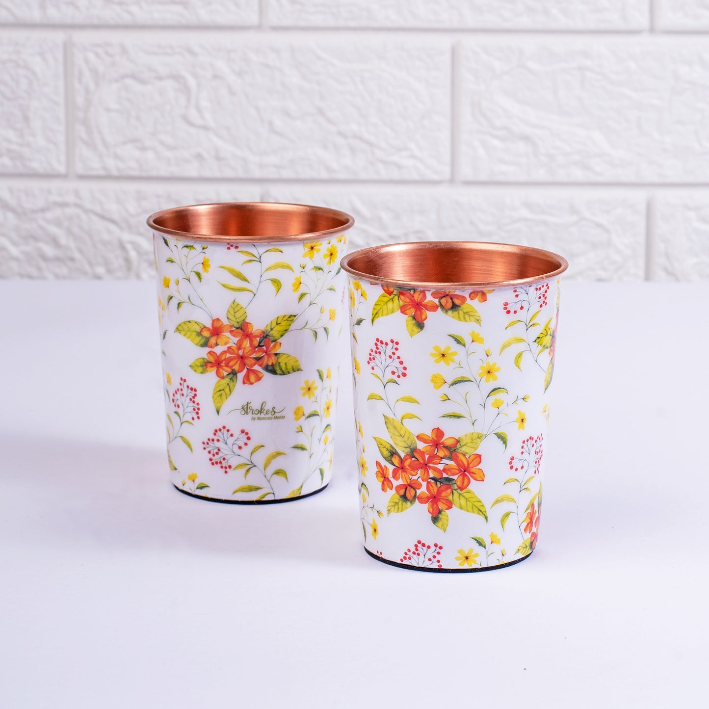 Yellow and Orange Floral Copper Bottle and Tumbler Set