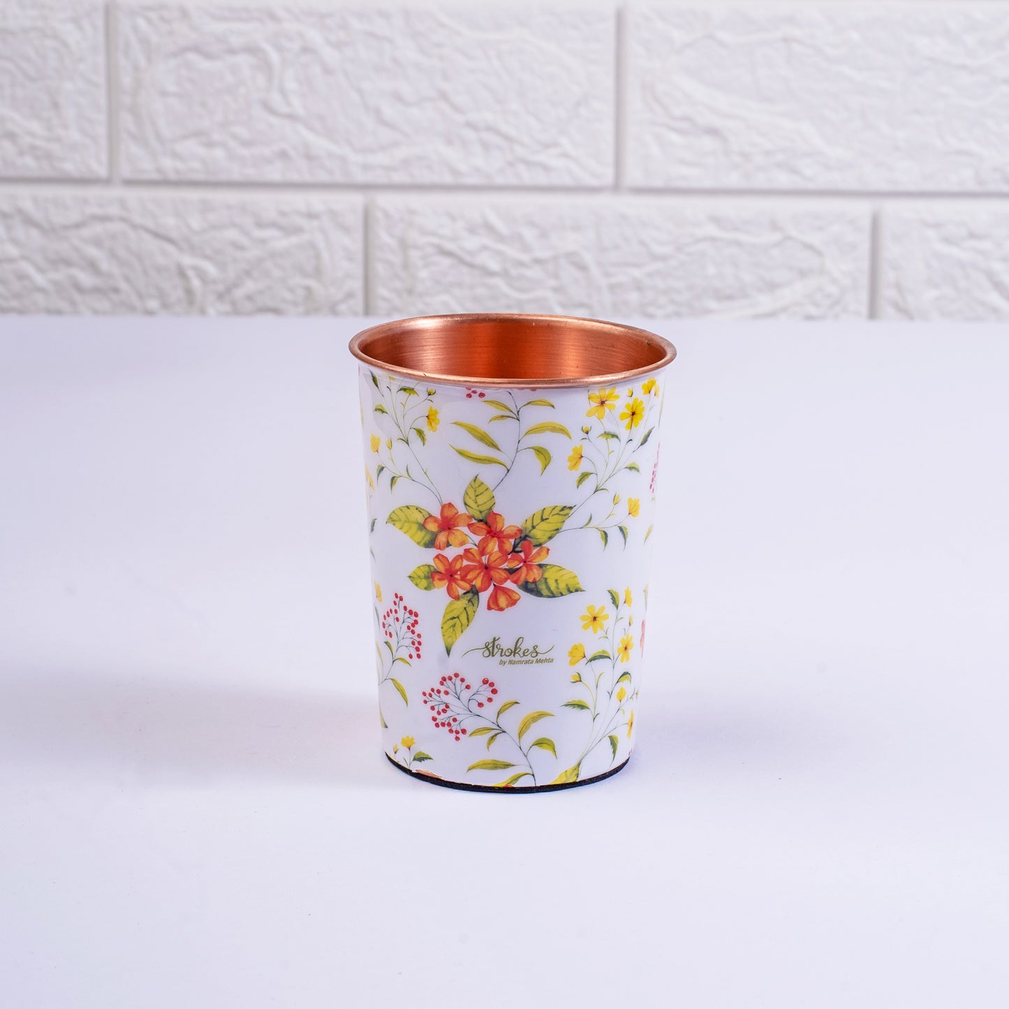 Yellow and Orange Floral Copper Bottle and Tumbler Set