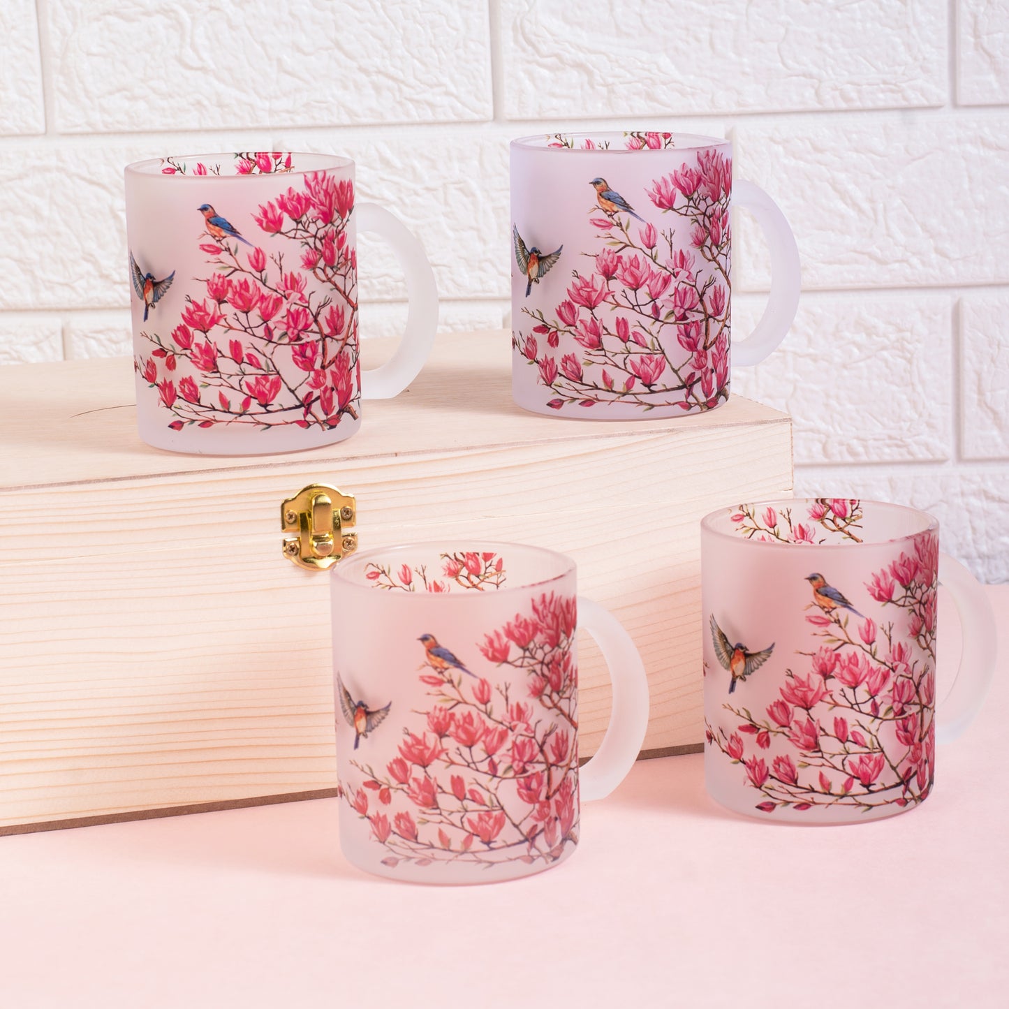 Pink Magnolias Frosted Glass Mug - Gift Set