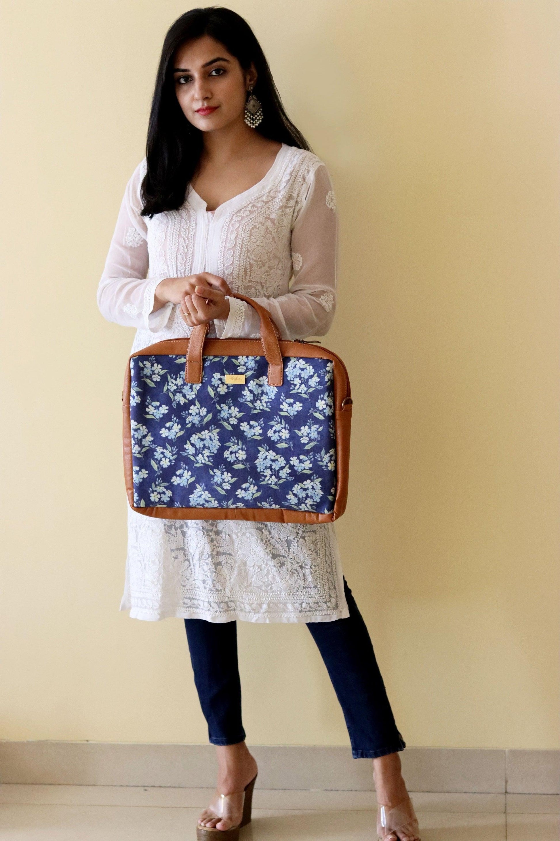 Blue Floral Women's Laptop Bag - Strokes by Namrata Mehta