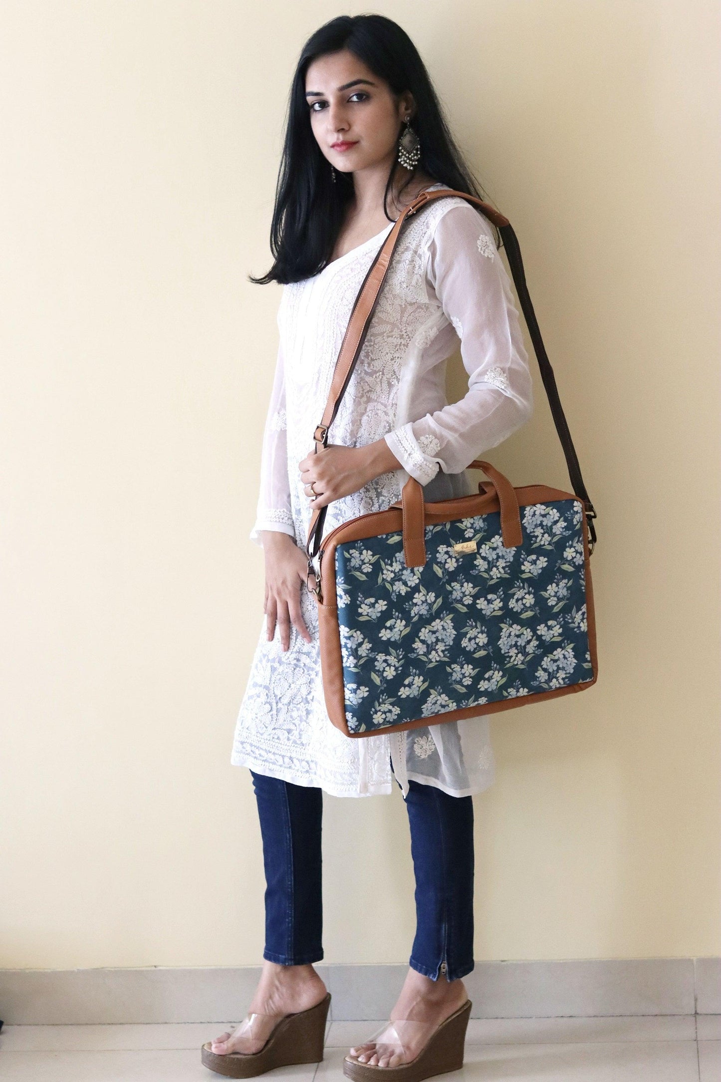 Green Floral Women's Laptop Bag - Strokes by Namrata Mehta