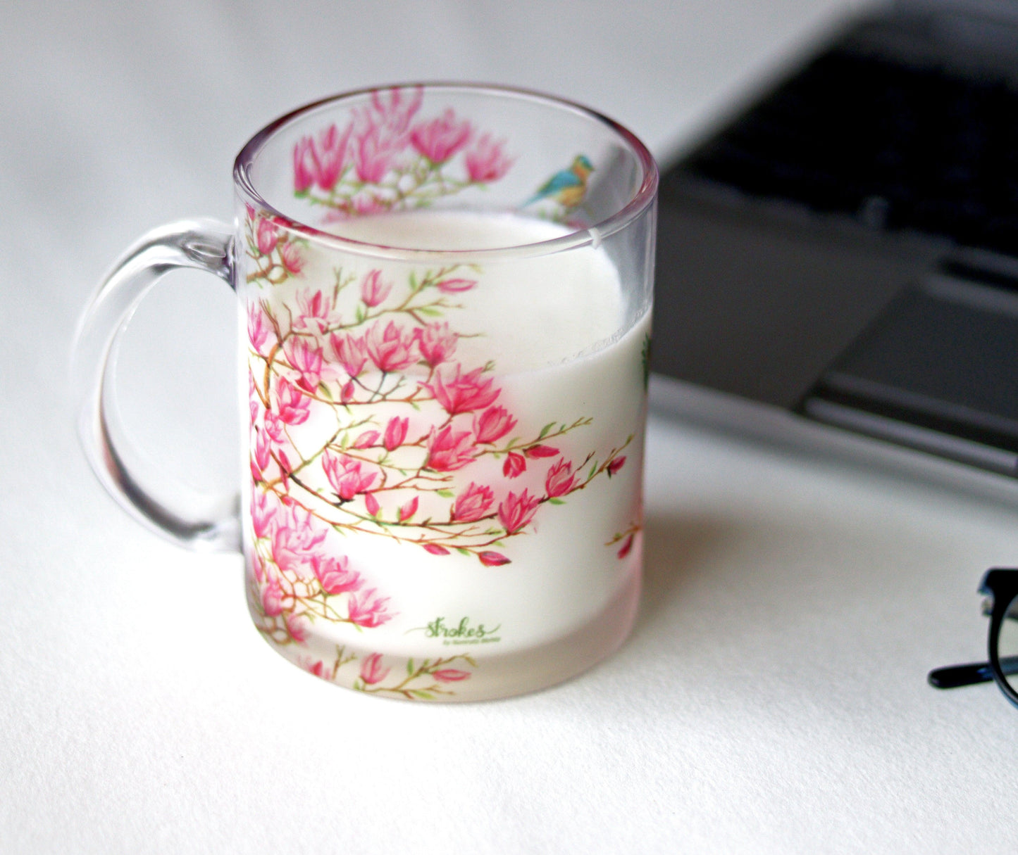 Pink Magnolias Glass Mug - Strokes by Namrata Mehta